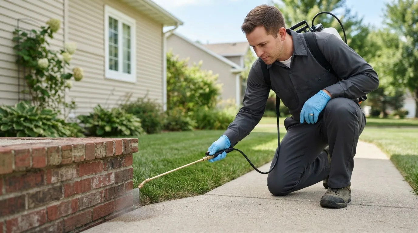 Pest control technician treating a home near Stony Ridge, OH